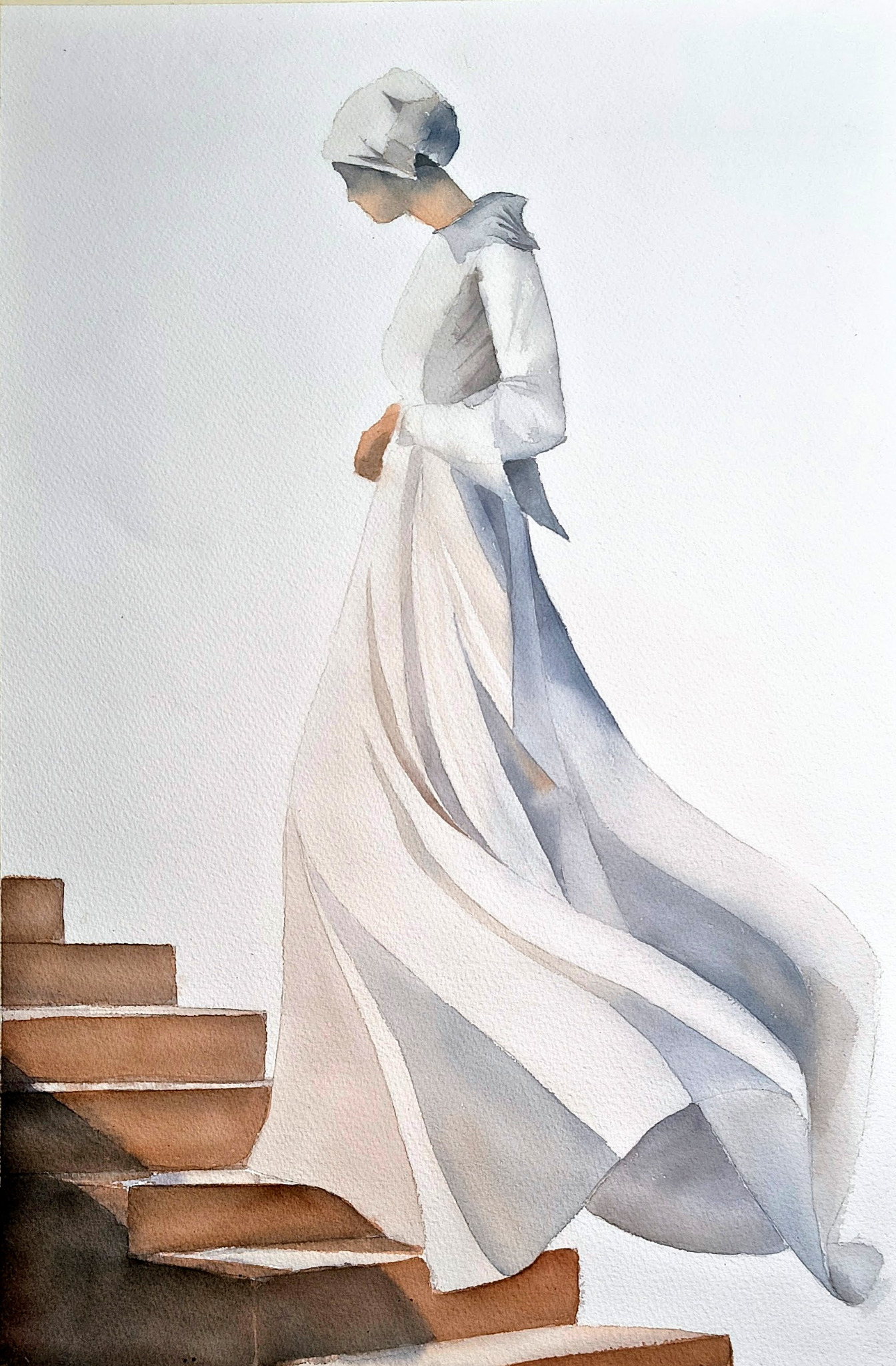 Akvarelmaleri af en kvinde i hvid kjole på en trappe